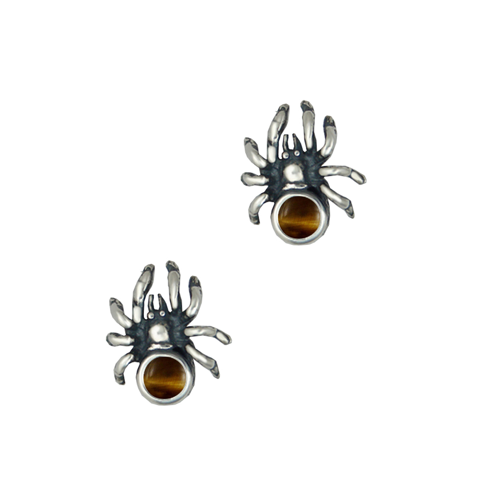 Sterling Silver Small Spider Post Stud Earrings With Tiger Eye